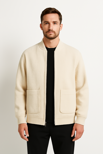 Veste en velours côtelé pour hommes Coupe décontractée Col en V Fermeture éclair Texture côtelée Poches à rabat