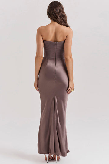 Robe maxi pour femmes en tissu satin Corset sans bretelles Coupe ajustée Tenue formelle