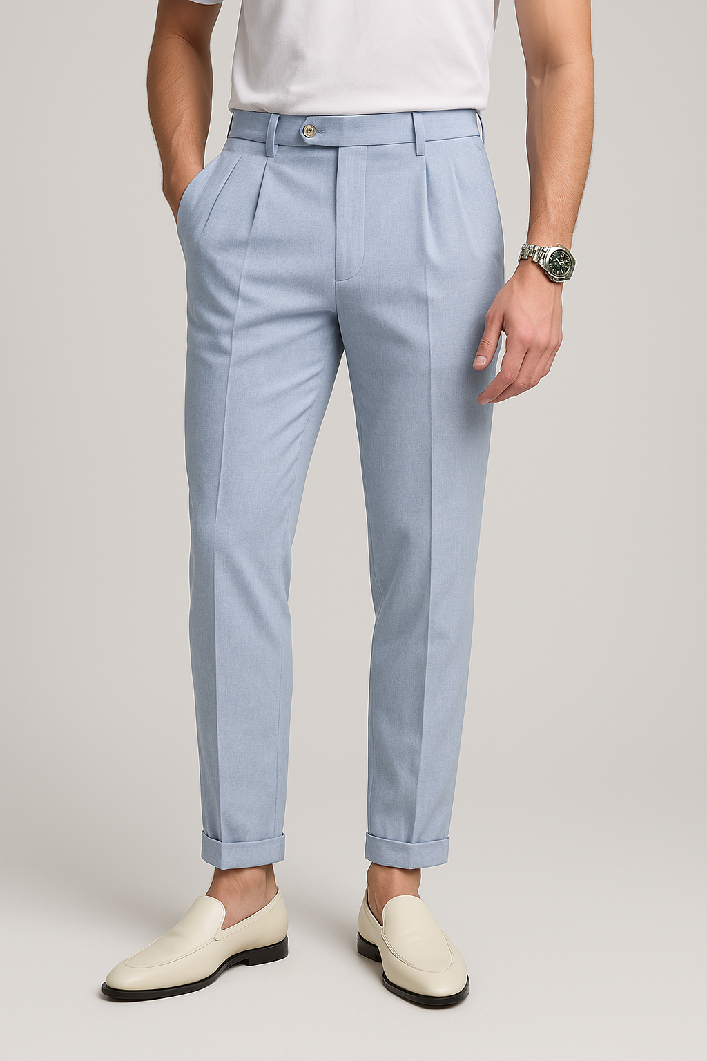 Pantalon droit pour hommes Taille haute Pli à l'avant Ourlet replié Tissu respirant
