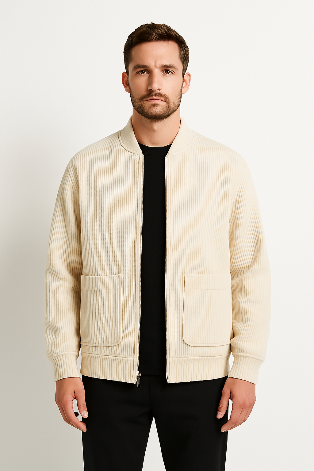 Veste en velours côtelé pour hommes Coupe décontractée Col en V Fermeture éclair Texture côtelée Poches à rabat