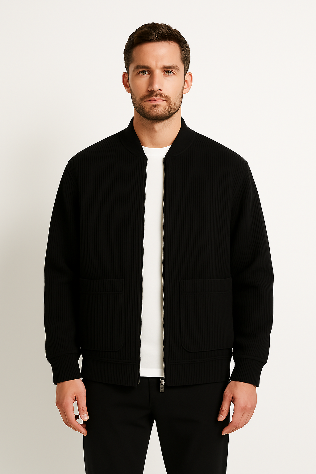 Veste en velours côtelé pour hommes Coupe décontractée Col en V Fermeture éclair Texture côtelée Poches à rabat
