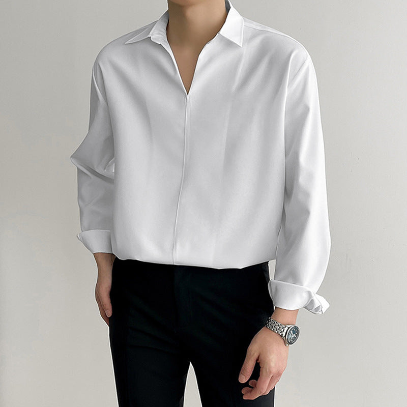 Chemise à manches longues pour hommes Col en V Coupe décontractée Tissu léger et fluide