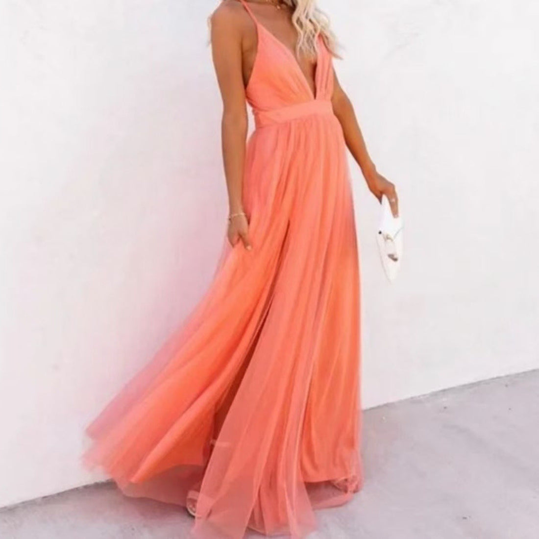 Robe maxi pour femmes Chiffon léger Sans manches Décolleté en V Taille cintrée